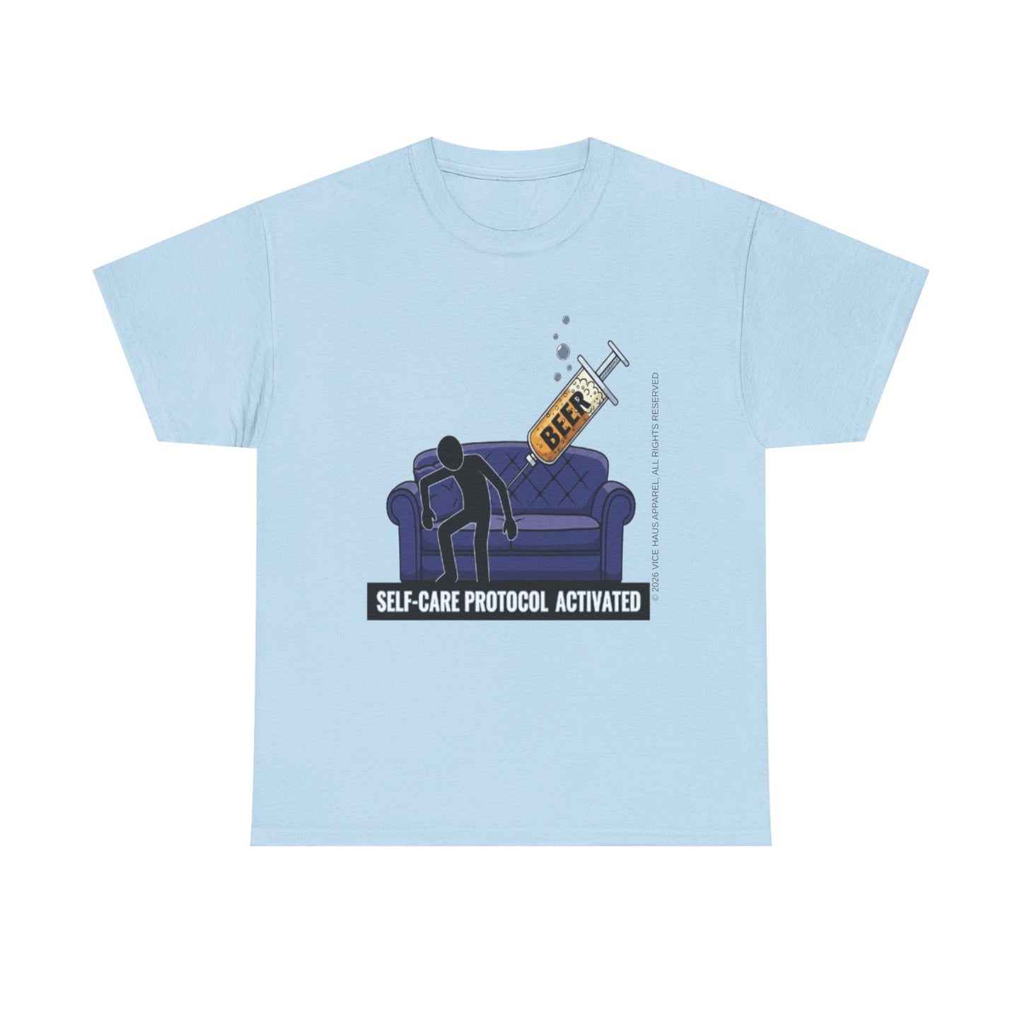 Self-Care Protocol Activated – Funny Beer Injection Graphic Tee